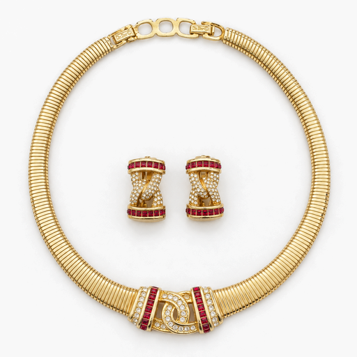 Christian Dior Vintage Ruby Red Crystal Omega Necklace and Clip-On Earrings set