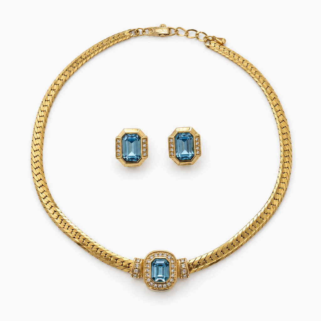 Christian Dior Vintage Blue Crystal Necklace and Clip-On Earrings Set, Gold