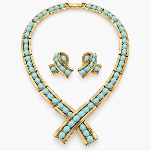 Trifari Vintage Faux Turquoise Necklace and Clip-On Earrings Set, Gold Tone