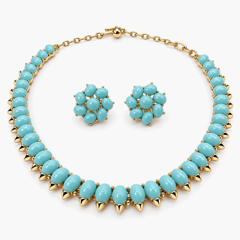 Trifari Vintage Faux Turquoise Bead Necklace and Earrings Set, Gold Tone