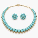 Trifari Vintage Faux Turquoise Bead Necklace and Earrings Set, Gold Tone