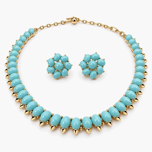 Trifari Vintage Faux Turquoise Bead Necklace and Earrings Set, Gold Tone