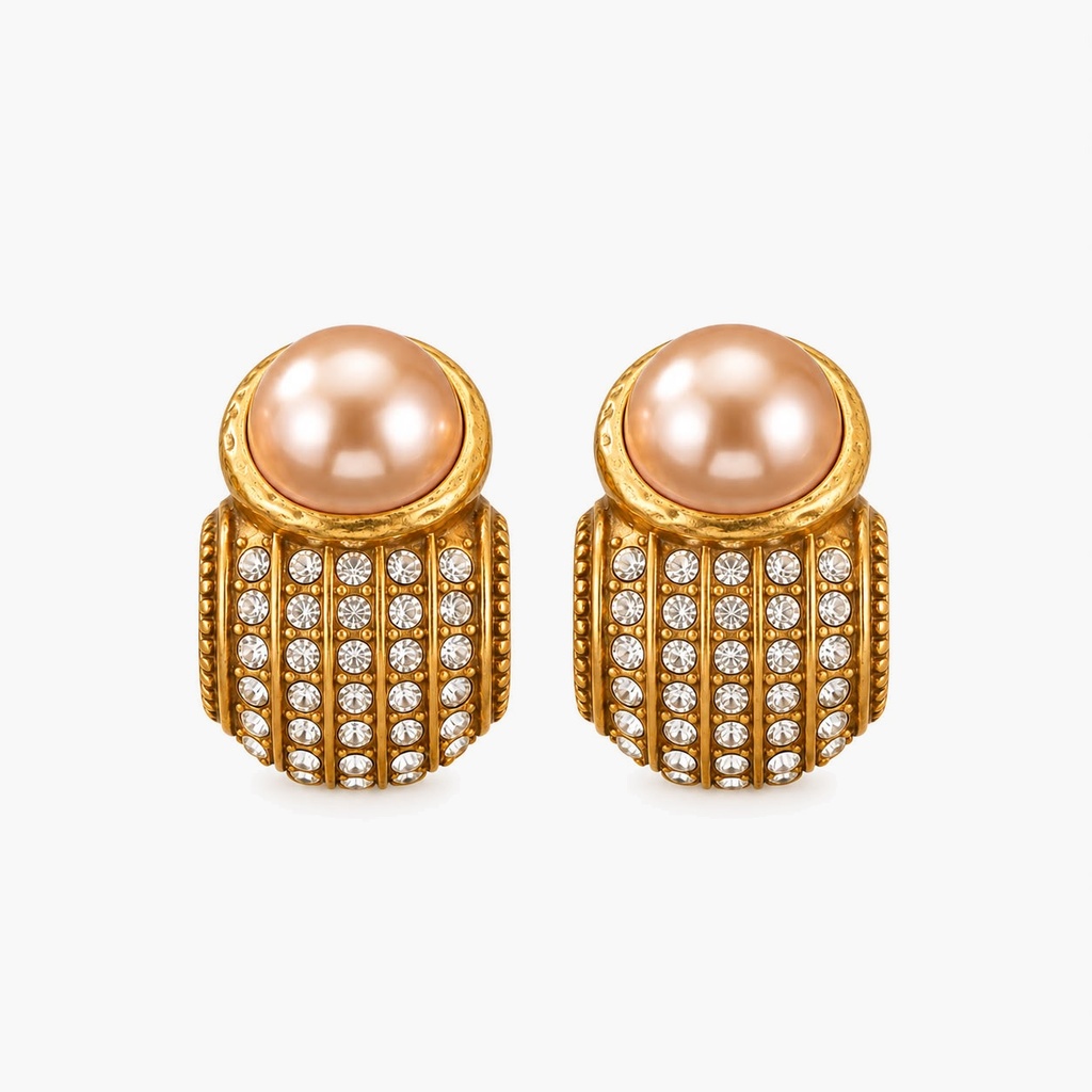 Champagne Pearl Rhinestone Dome Stud Earrings, Antique Gold Tone