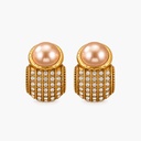 Champagne Pearl Rhinestone Dome Stud Earrings, Antique Gold Tone