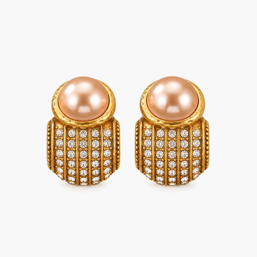 Champagne Pearl Rhinestone Dome Stud Earrings, Antique Gold Tone
