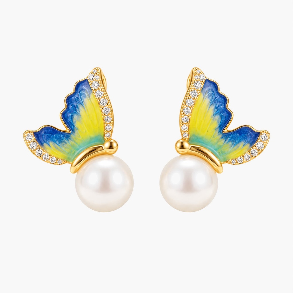 Butterfly Enamel Pearl Stud Earrings, Gold Tone