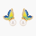 Butterfly Enamel Pearl Stud Earrings, Gold Tone