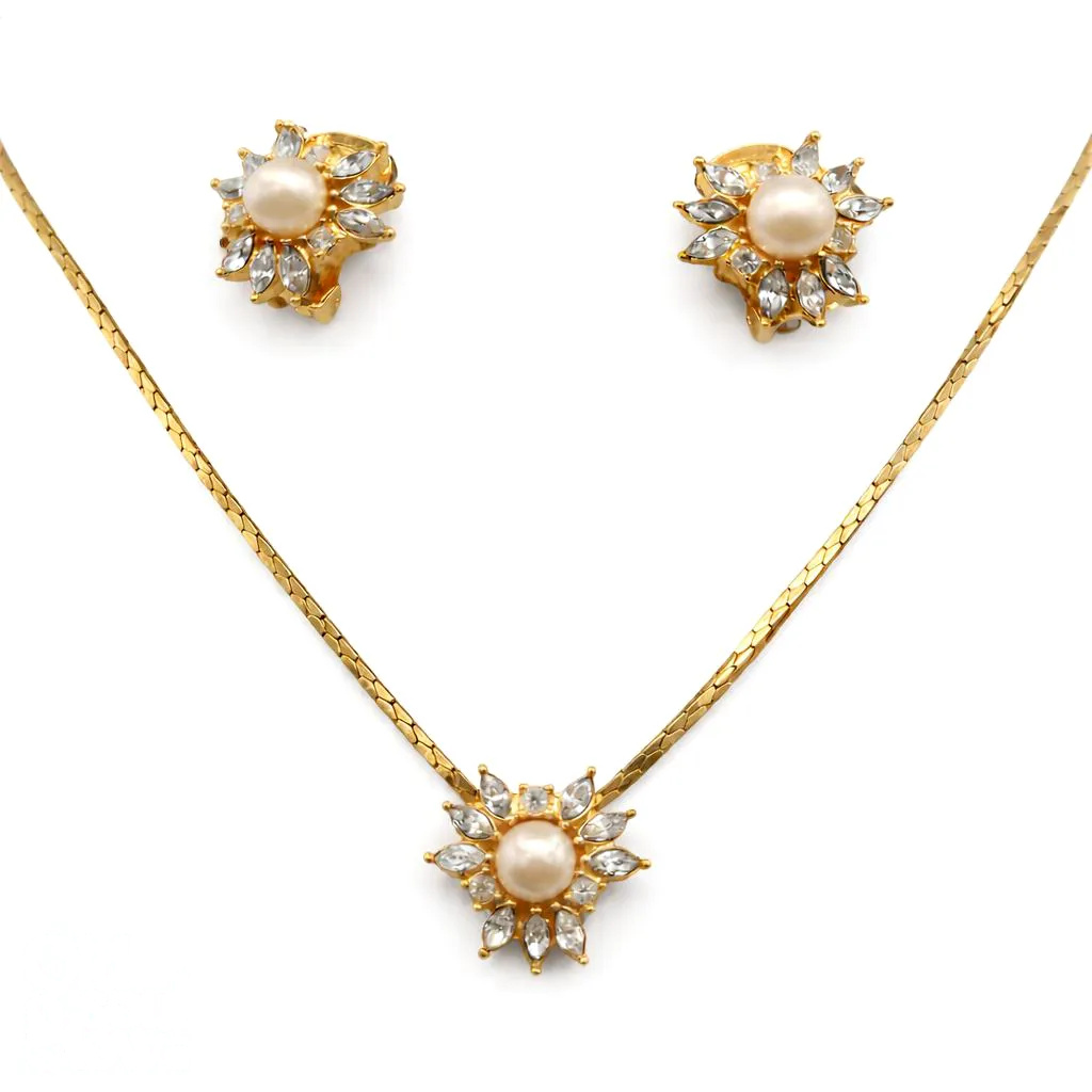 Christian Dior Vintage Crystal and Pearl Snowflake Necklace and Earrings Set