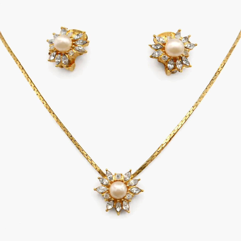Christian Dior Vintage Crystal and Pearl Snowflake Necklace and Earrings Set