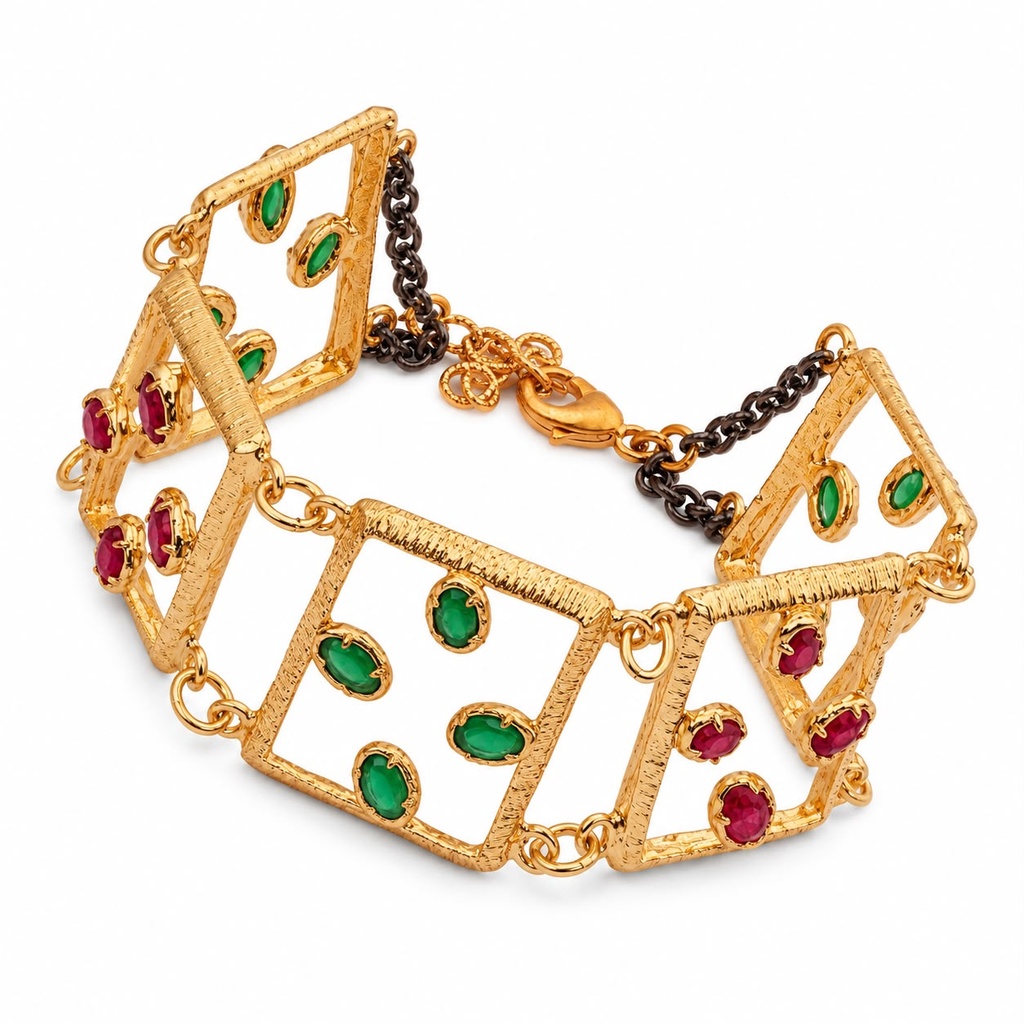 Vintage-Inspired Ruby Red and Emerald Green Stone Open Square Link Bracelet, Gold Tone
