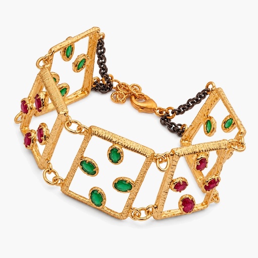 Vintage-Inspired Ruby Red and Emerald Green Stone Open Square Link Bracelet, Gold Tone