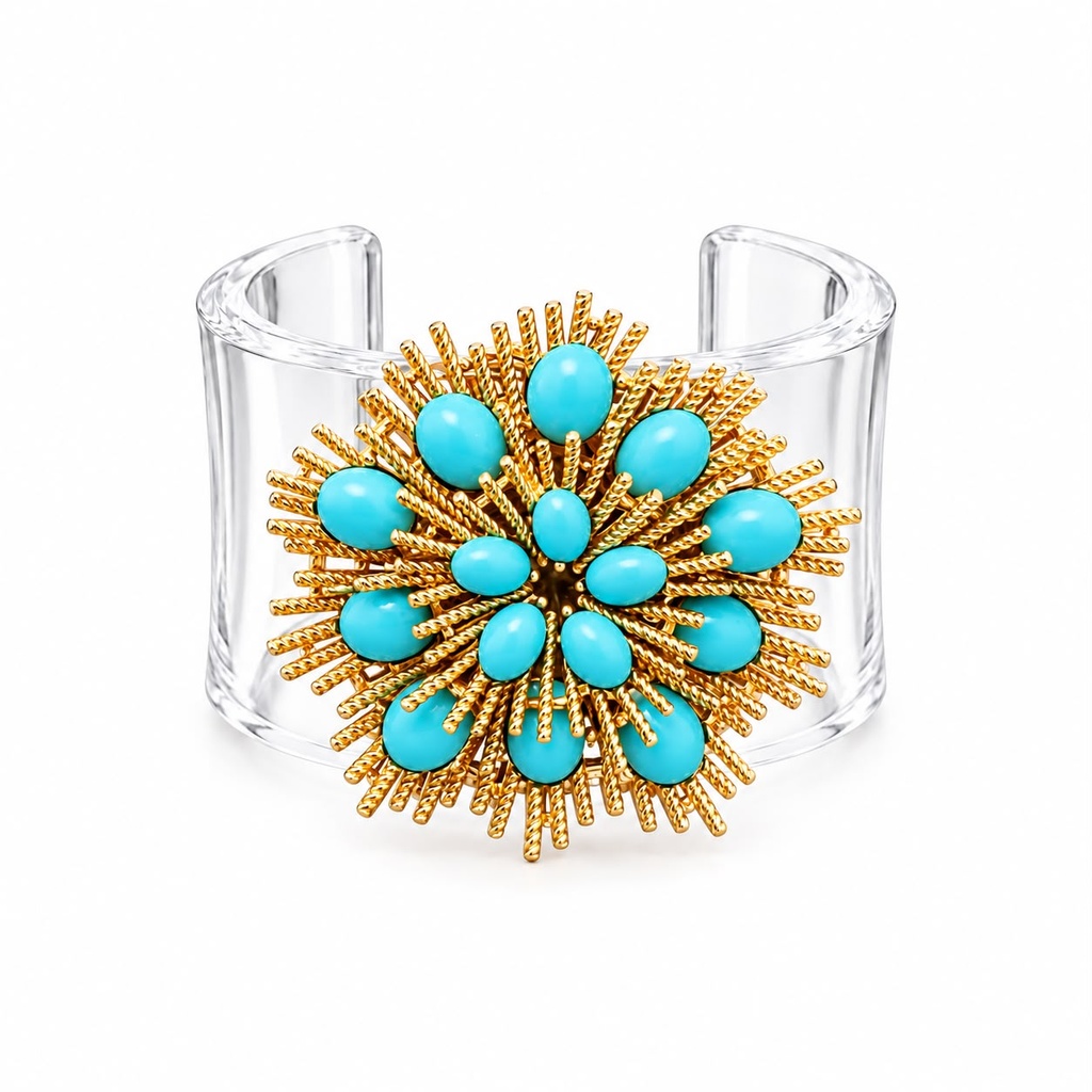 Susan Caplan Vintage Lucite Cuff Bracelet with Avon Turquoise Starburst Brooch, Gold Tone