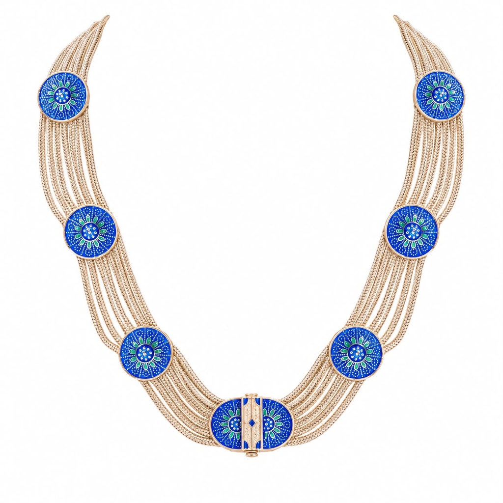 Vintage-Inspired Cobalt Blue Enamel Medallion Choker and Tassel Earrings Set, Silver Tone