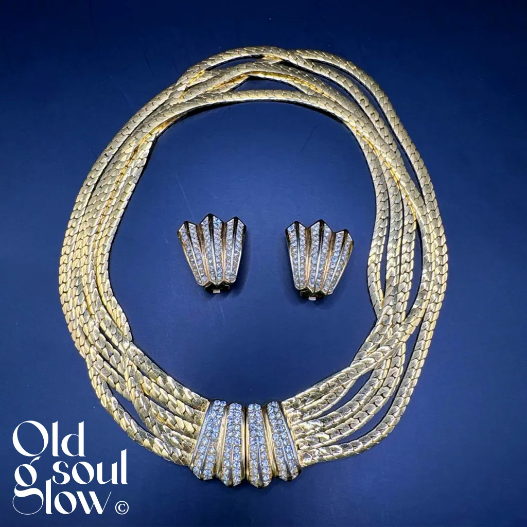 Vintage Christian Dior Blue Rhinestone Gold Tone Necklace & Earrings Set