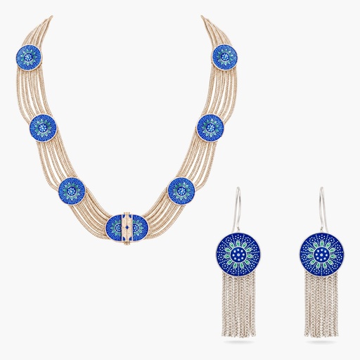 Vintage-Inspired Cobalt Blue Enamel Medallion Choker and Tassel Earrings, Silver Tone (Choker and earrings set)