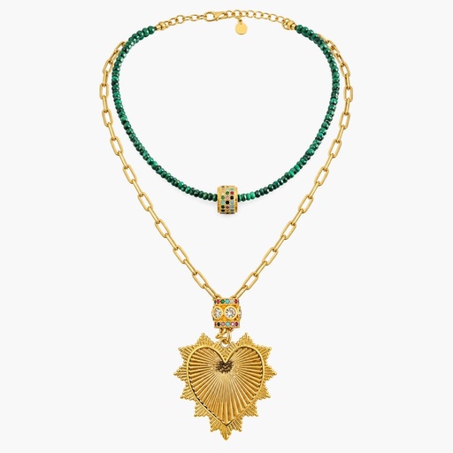 Vintage-Inspired Gold Heart Pendant and Malachite Bead Necklaces, Gold Tone (Set of both necklaces)