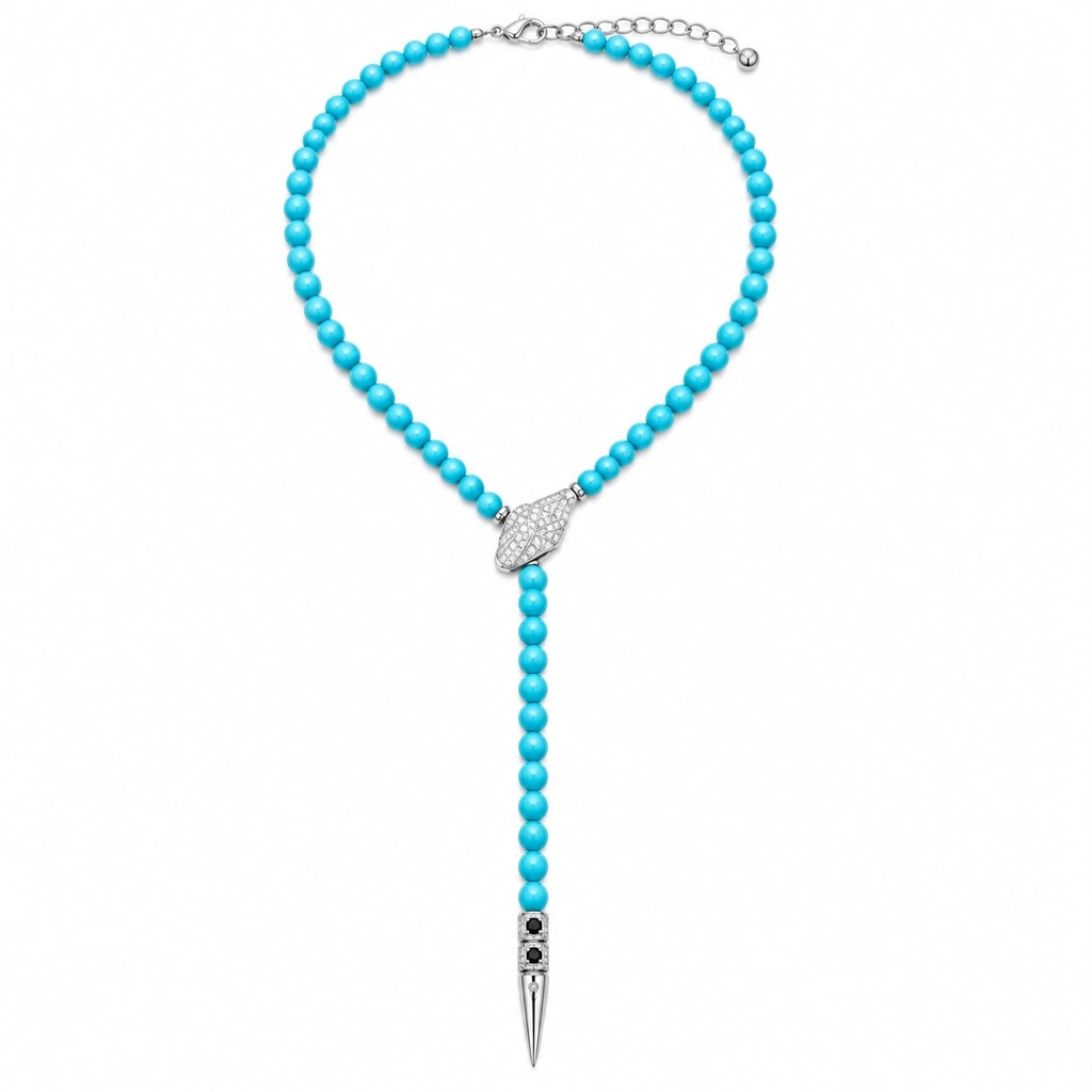 Vintage-Inspired Turquoise Bead Snake Lariat Necklace, Silver Tone