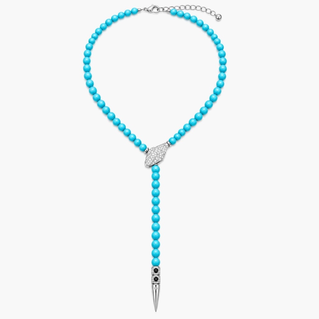 Vintage-Inspired Turquoise Bead Snake Lariat Necklace, Silver Tone