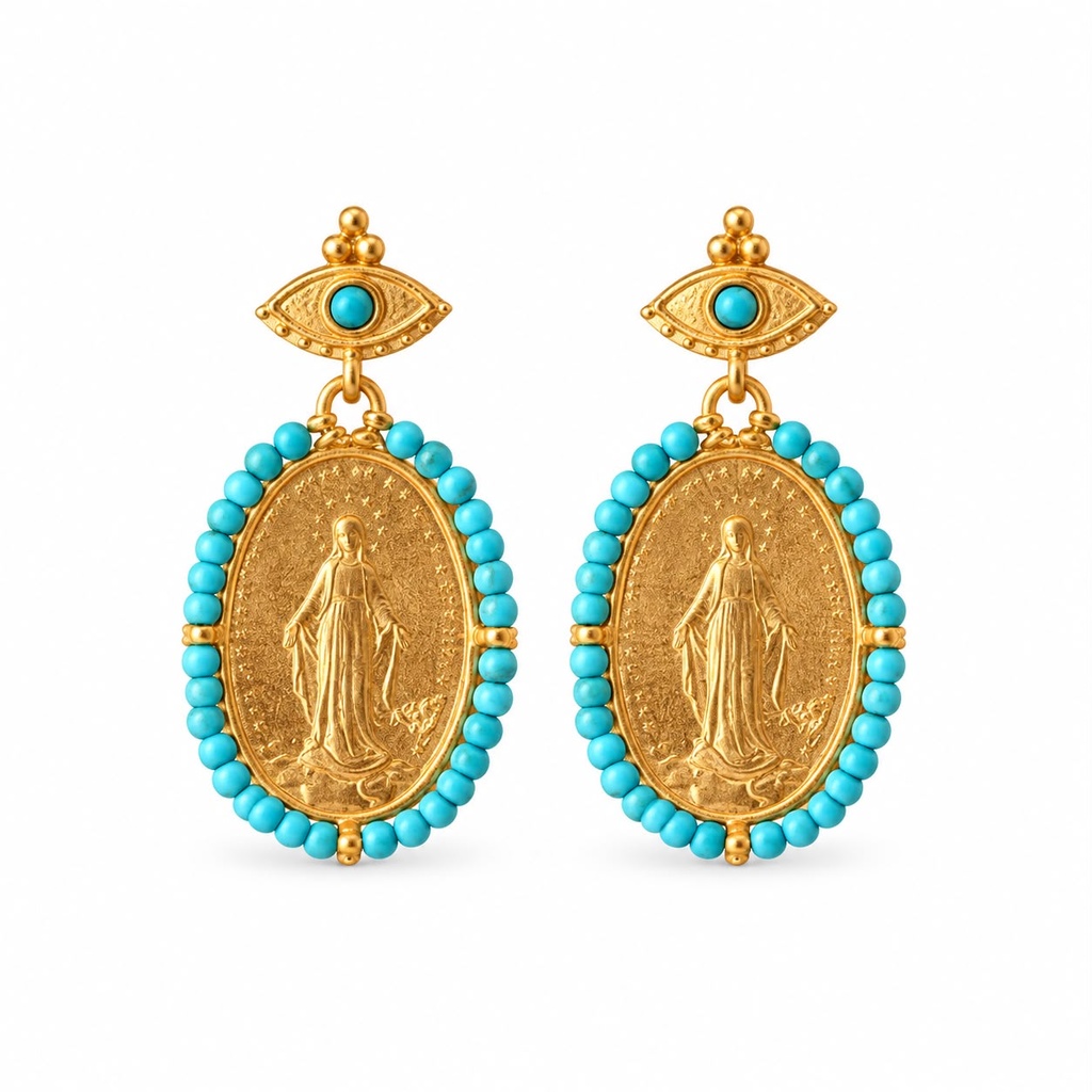 Handmade Turquoise Bead Medallion Drop Earrings, Gold Tone