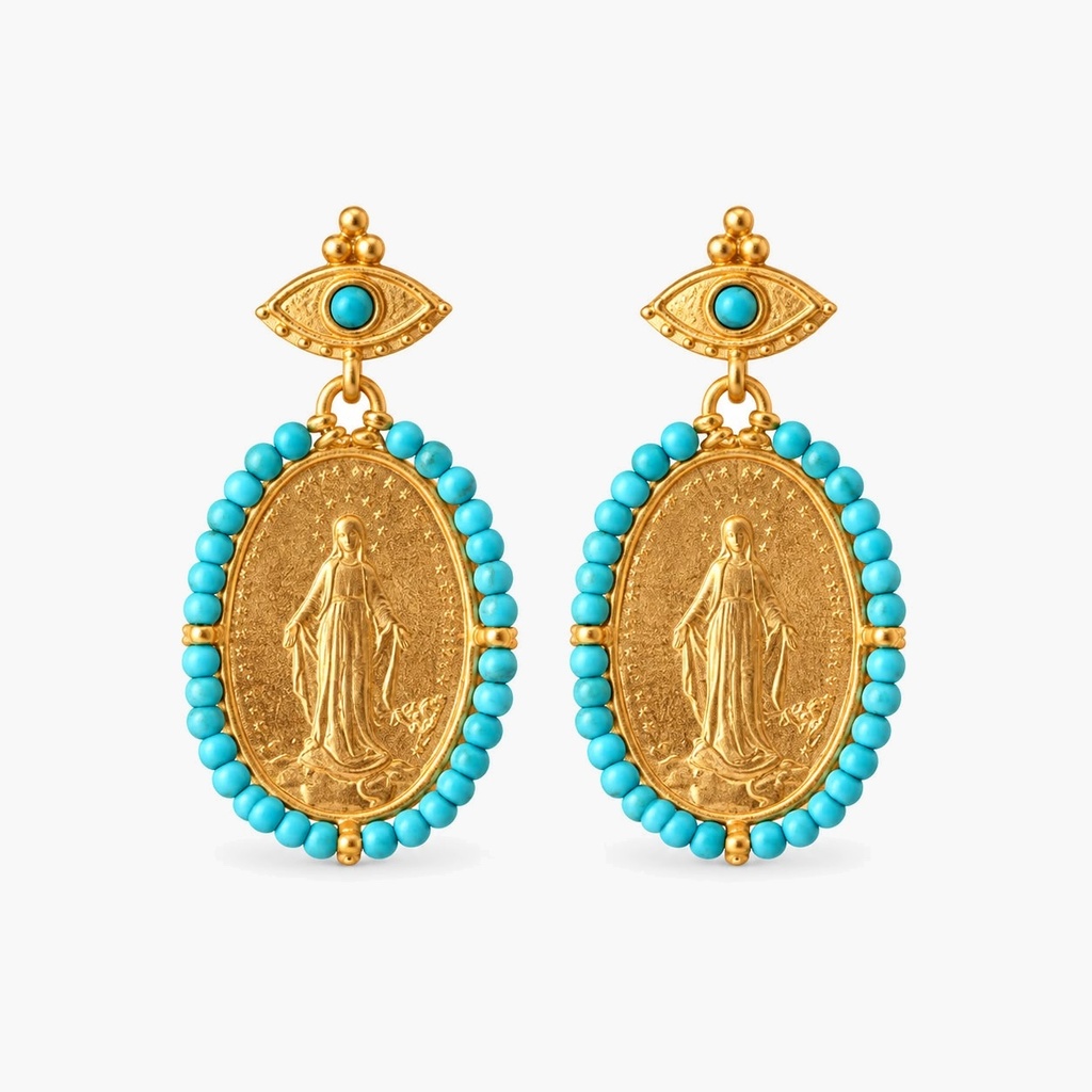 Handmade Turquoise Bead Medallion Drop Earrings, Gold Tone