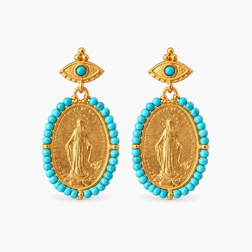 Handmade Turquoise Bead Medallion Drop Earrings, Gold Tone