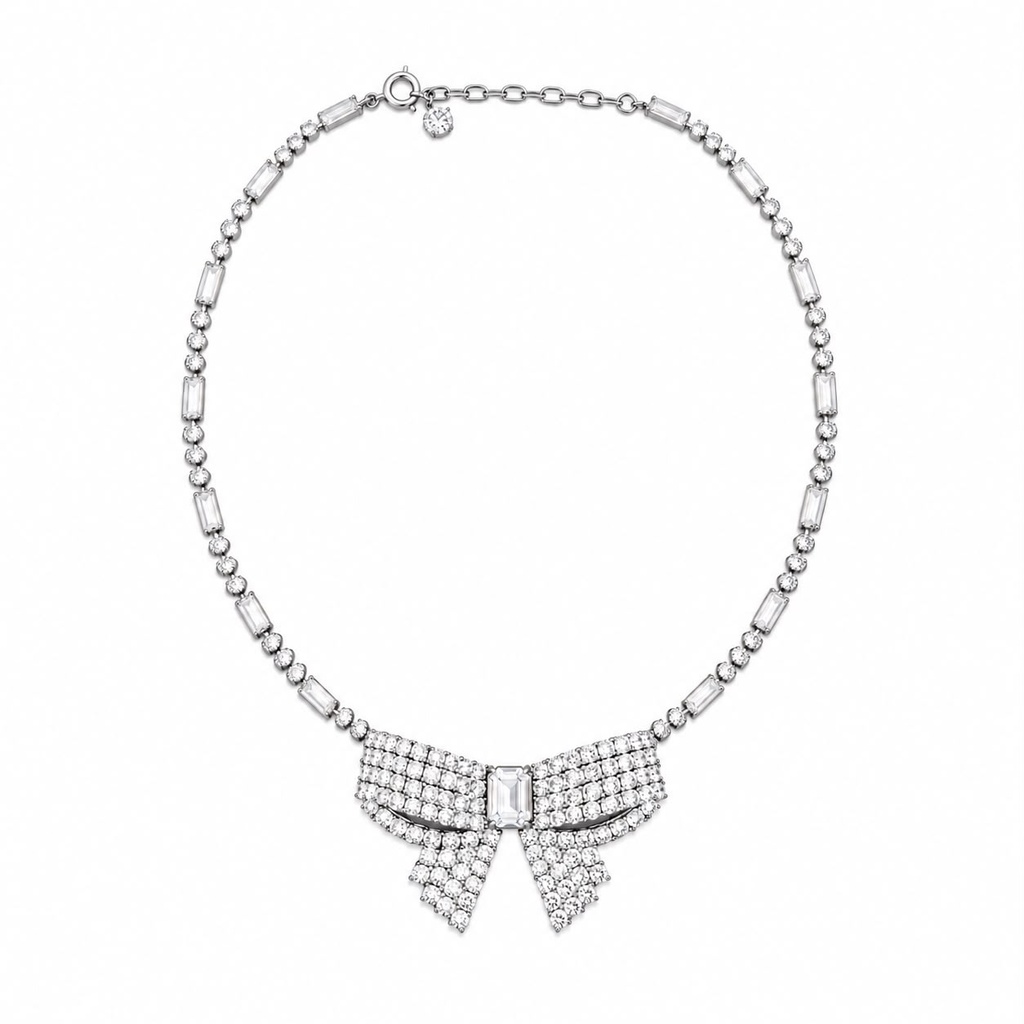 Christian Dior Vintage Crystal Ribbon Bow Necklace, Silver Tone