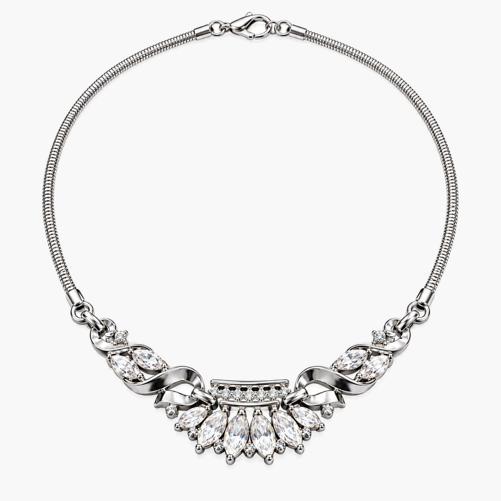 Trifari Vintage 1950s Coronet Clear Rhinestone Necklace, Silver Tone