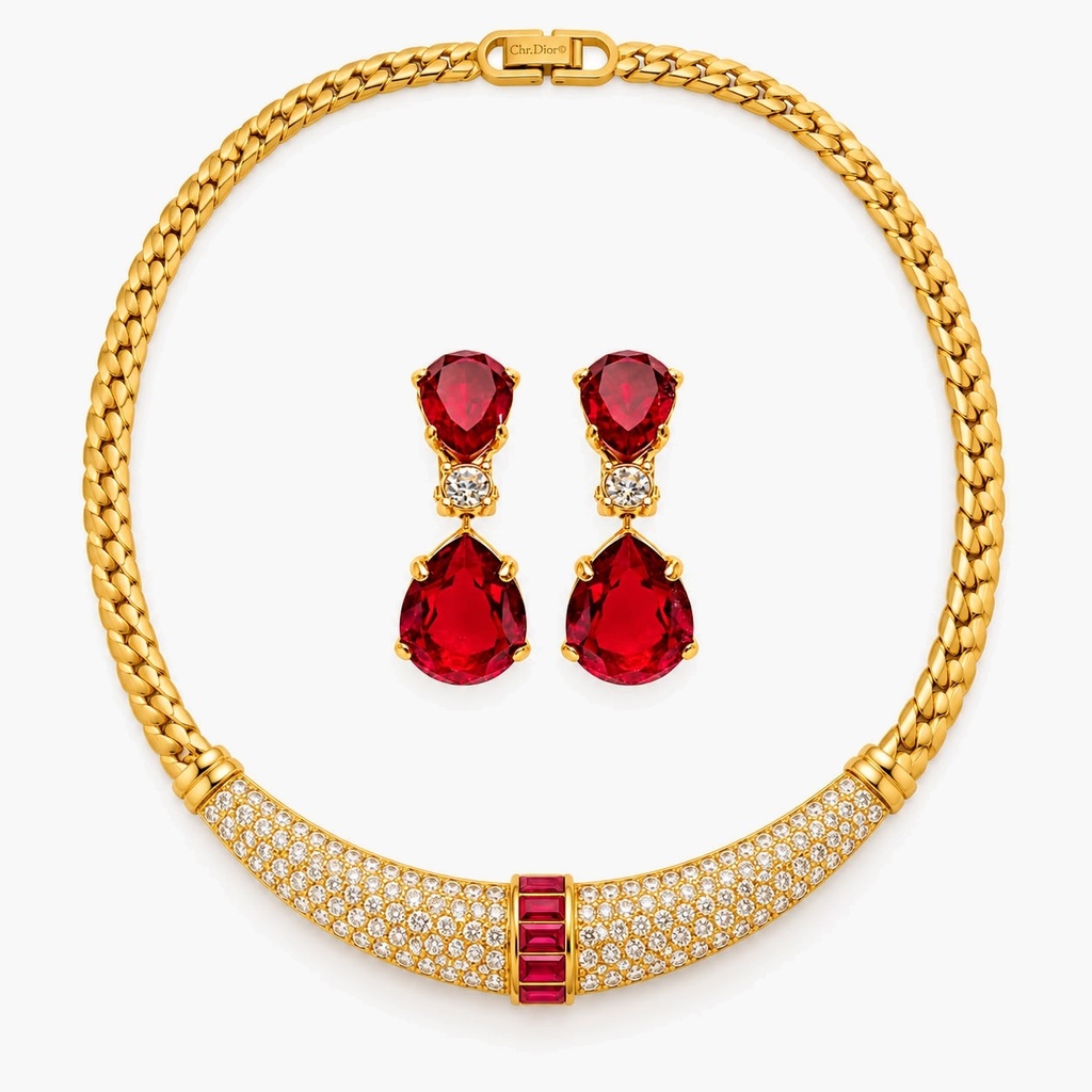 Christian Dior Vintage Pavé Crystal and Ruby Red Necklace and Clip-On Earrings, Gold Tone