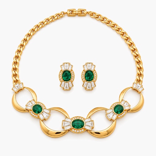 Givenchy Vintage Green Crystal and Baguette Necklace and Earrings Set, Gold Plated