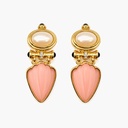 Richelieu Vintage Faux Pearl and Frosted Pink Shell Drop Clip-On Earrings, Gold Tone