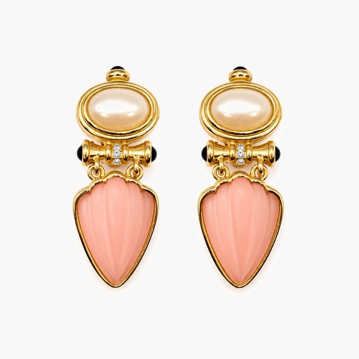 Richelieu Vintage Faux Pearl and Frosted Pink Shell Drop Clip-On Earrings, Gold Tone