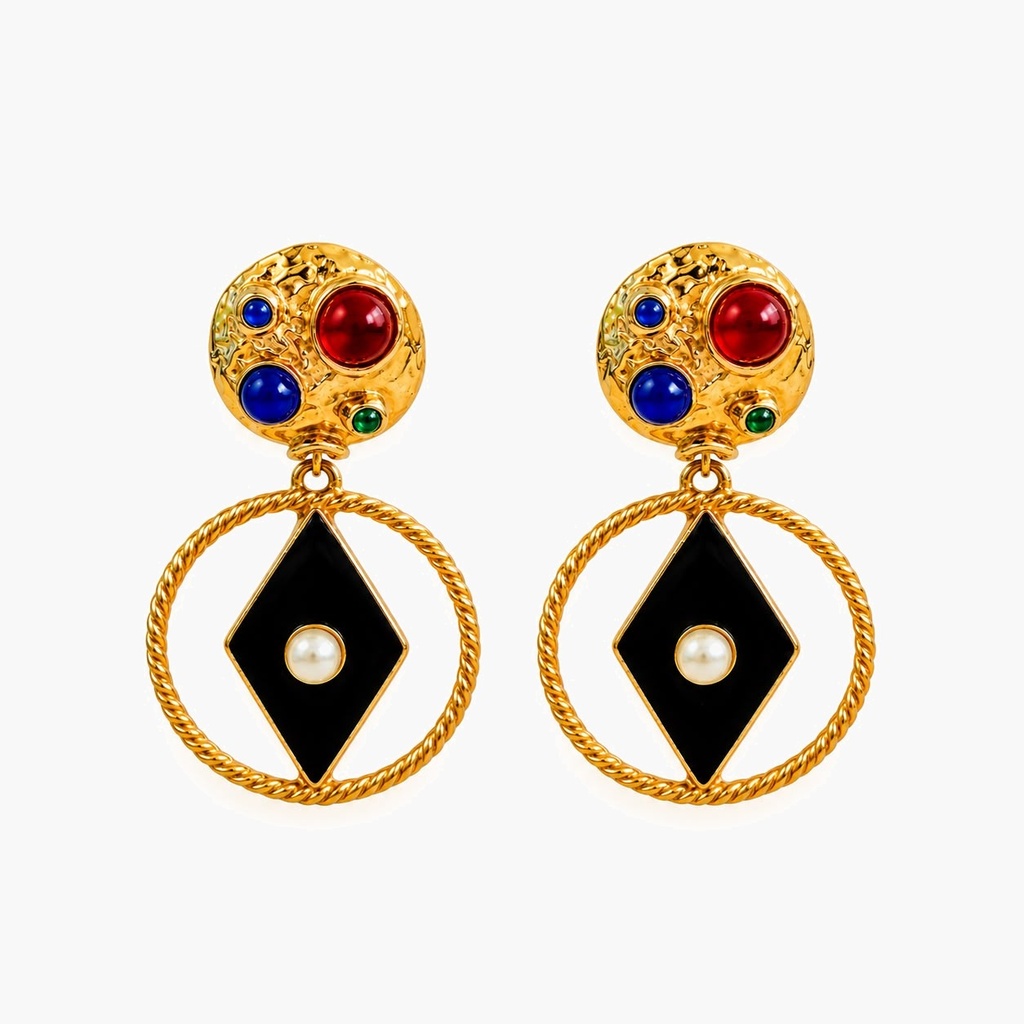 Vintage 1980s Jewel-Tone Cabochon and Black Enamel Hoop Drop Clip-On Earrings, Gold Plated