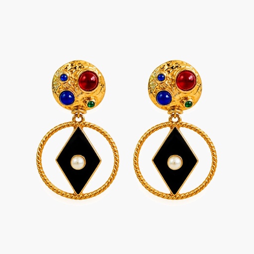 Vintage 1980s Jewel-Tone Cabochon and Black Enamel Hoop Drop Clip-On Earrings, Gold Plated