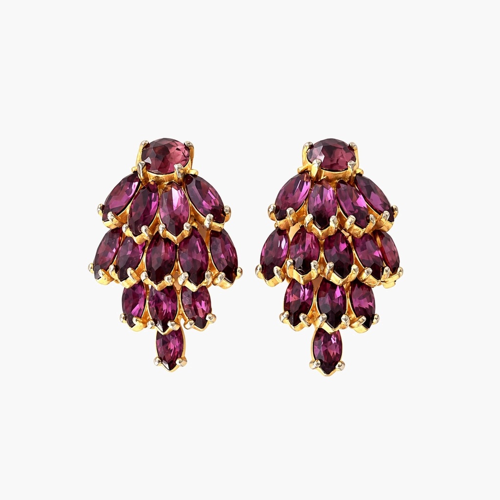 Christian Dior by Kramer Vintage 1950s Purple Rhinestone Pine Cone Waterfall Clip-On Earrings, Gold Plated