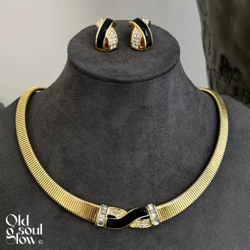 Christian Dior Vintage X Cross Black Enamel Necklace and Earrings Set
