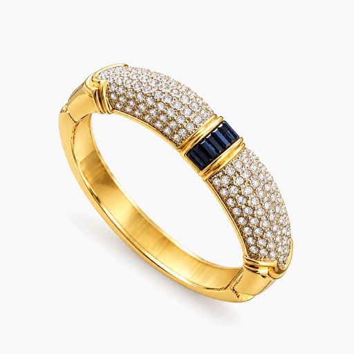 Vintage 1980s Pavé Rhinestone Clamper Cuff Bracelet with Dark Blue Baguettes, Gold Tone