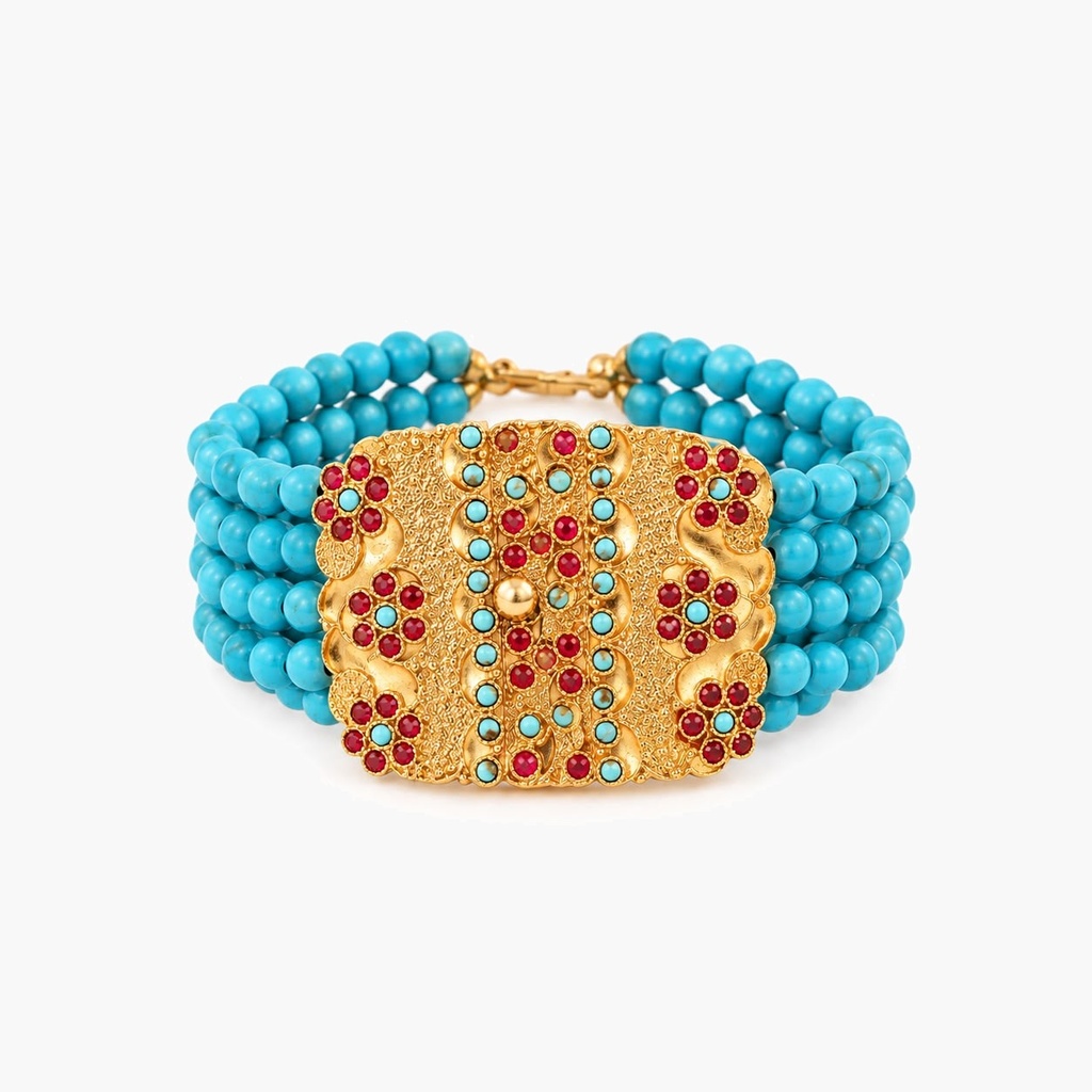 Vintage-Inspired Handmade Multi-Strand Turquoise Bead Bracelet with Ottoman Gold-Tone Plaques, Turkey