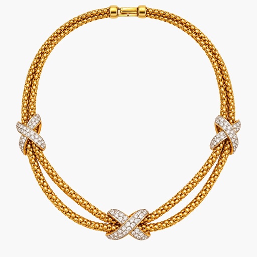 Franklin Mint Vintage Gold-Plated Double Popcorn Chain Necklace with Pavé Crystal X Stations, 1990s