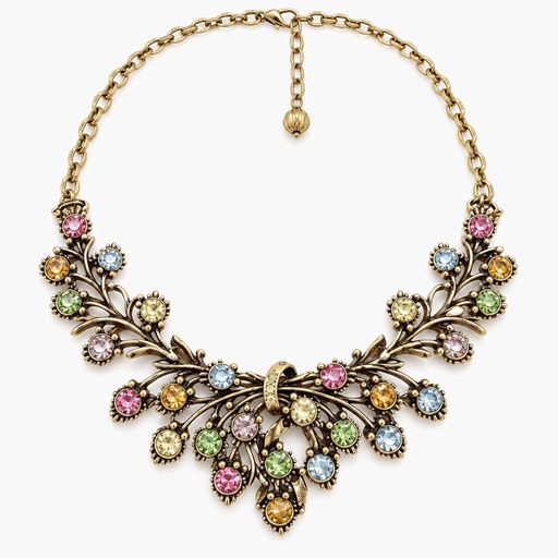 Vintage 1950s Pastel Rhinestone Floral Spray Necklace, Gold Tone