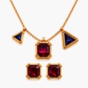 Trifari Vintage 1980s Red, Purple and Blue Glass Pendant Necklace and Clip-On Earrings Set, Gold Tone