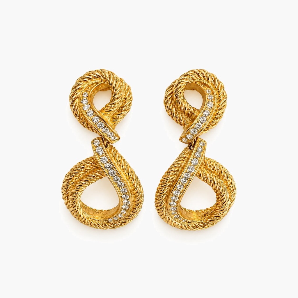 Christian Dior Vintage 1980s Twisted Rope and Rhinestone Double Loop Clip-On Earrings, Gold Plated