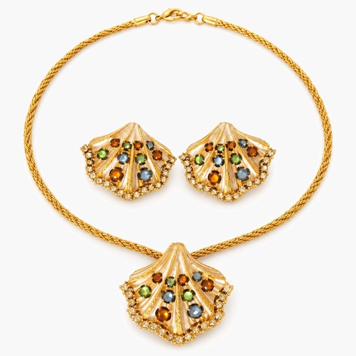 Craft Vintage 1980s Signed Cream Enamel Seashell Pendant Necklace and Clip-On Earrings Set, Gold Tone