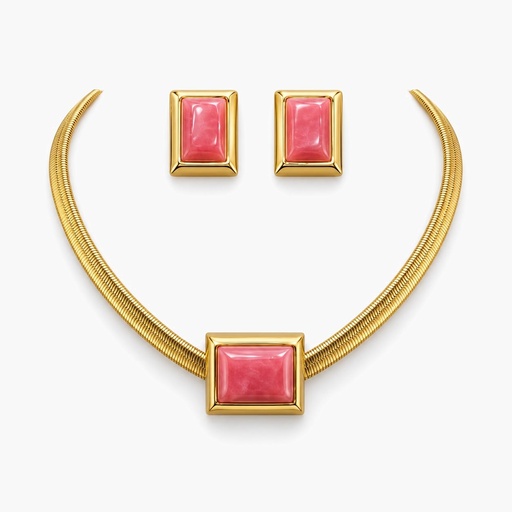 Givenchy Vintage Pink Coral Coloured Snake Chain Necklace and Clip-On Earrings Set, Gold Tone