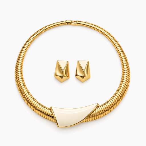 Monet Vintage 1980s Signed Ribbed Gold Tone Collar Necklace and Earrings Set with Ivory Panel