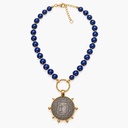 Vintage Inspired Lapis Lazuli Bead Necklace with Girl with Balloon Coin Pendant, Gold Tone