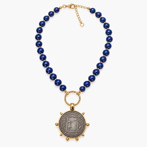 Vintage Inspired Lapis Lazuli Bead Necklace with Girl with Balloon Coin Pendant, Gold Tone