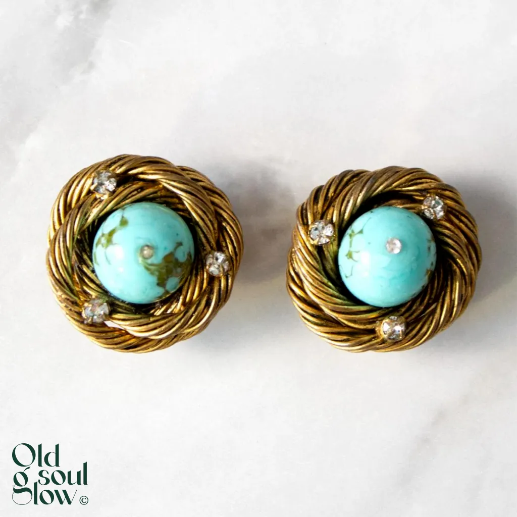 Chanel Vintage Gilded Turquoise Birds Nest Earrings