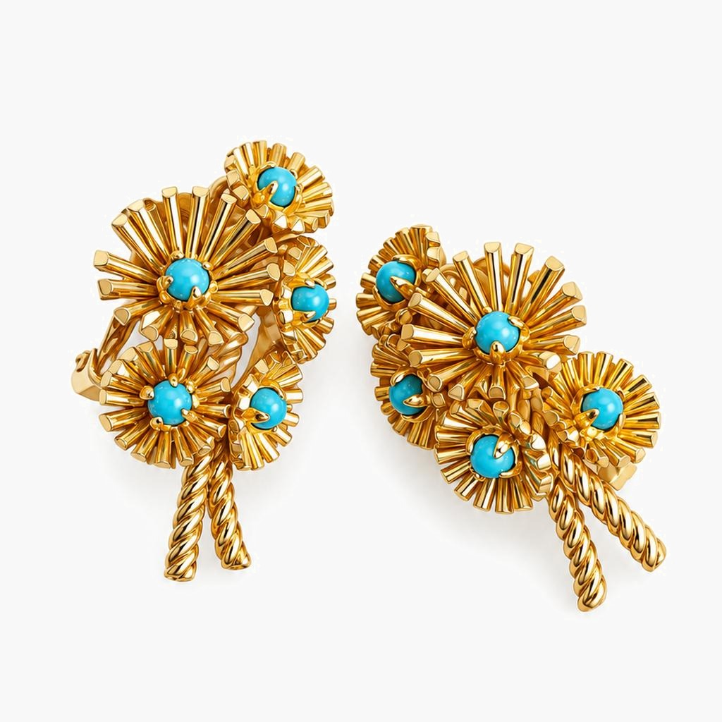 Grossé Vintage 1959 Signed Turquoise Glass Floral Spray Clip-On Earrings, Gold Tone