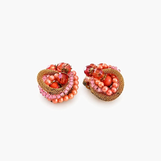 Vintage 1960s Gold Mesh and Pink Bead Cluster Clip-On Earrings, Unsigned