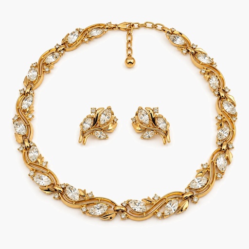 Trifari Vintage 1950s Signed Clear Marquise Rhinestone Leaf Choker Necklace and Clip-On Earrings Set, Gold Tone